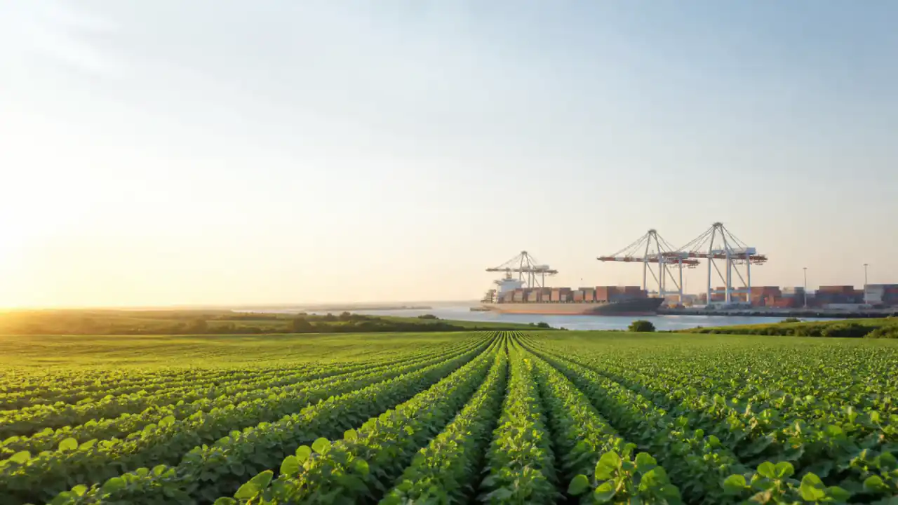 Representative view of crop fields connected to international port logistics